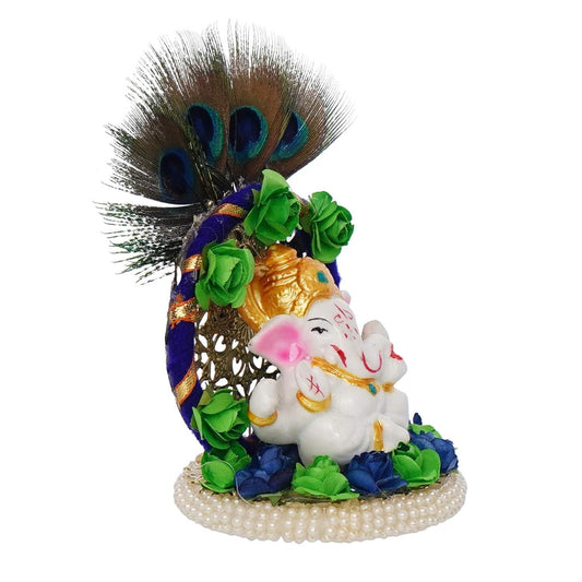 Lord Ganesha Idol on Handcrafted Floral Plate with Peacock Feather – Decorative Metal Showpiece for Home & Car Décor Diwali special - My Store