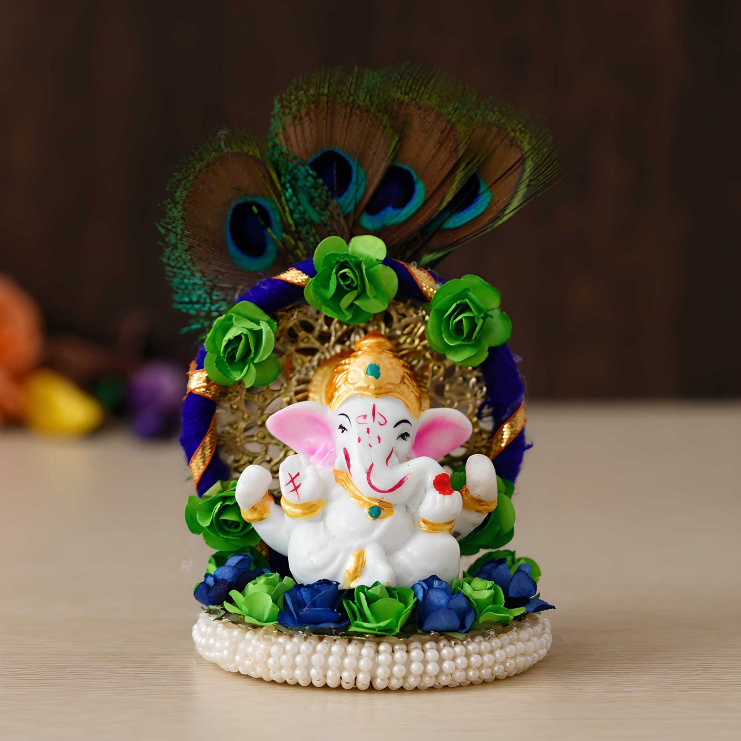 Lord Ganesha Idol on Handcrafted Floral Plate with Peacock Feather – Decorative Metal Showpiece for Home & Car Décor Diwali special - My Store