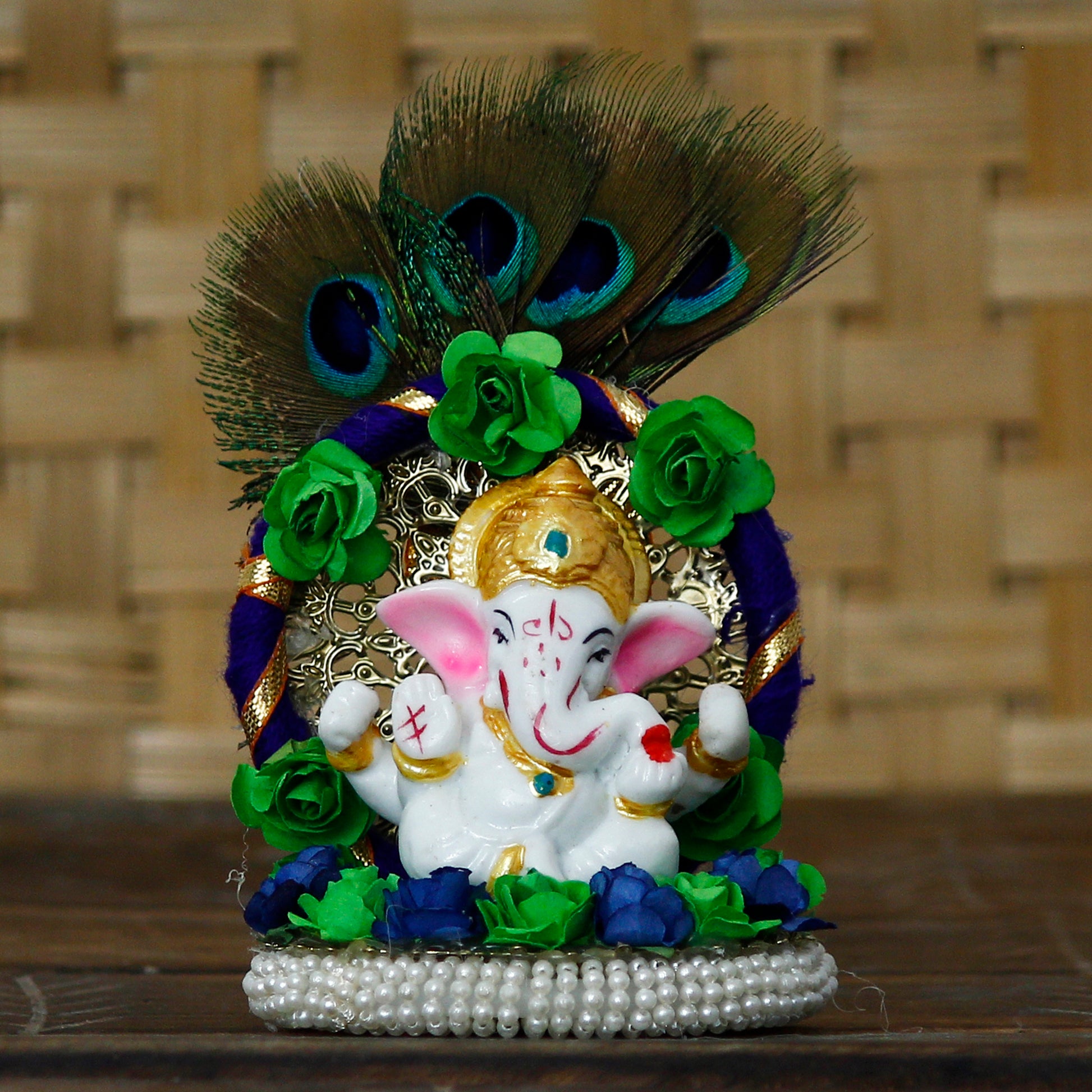 Lord Ganesha Idol on Handcrafted Floral Plate with Peacock Feather – Decorative Metal Showpiece for Home & Car Décor Diwali special - My Store