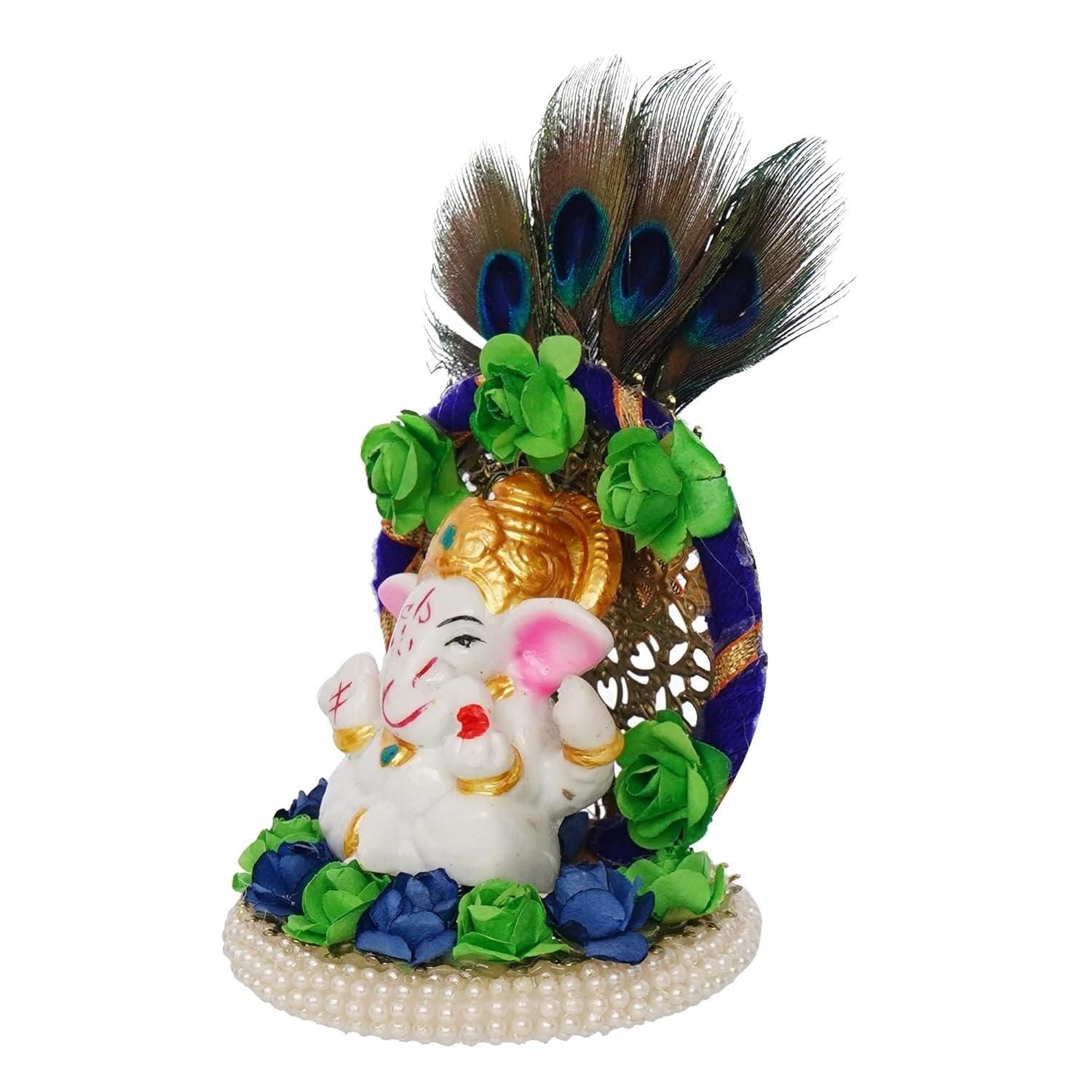 Lord Ganesha Idol on Handcrafted Floral Plate with Peacock Feather – Decorative Metal Showpiece for Home & Car Décor Diwali special - My Store