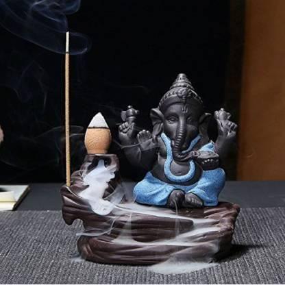 Handcrafted Meditation Monk Ganesha Smoke Backflow Incense Holder – Polyresin Decorative Showpiece with 10 Cones (10 cm) Diwali special - My Store